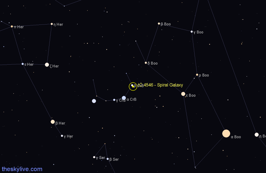 Finder chart IC 4546 - Spiral Galaxy in Corona Borealis star