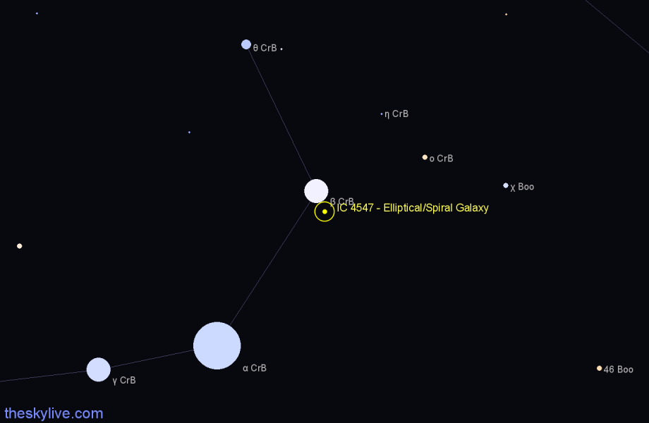 Finder chart IC 4547 - Elliptical/Spiral Galaxy in Corona Borealis star