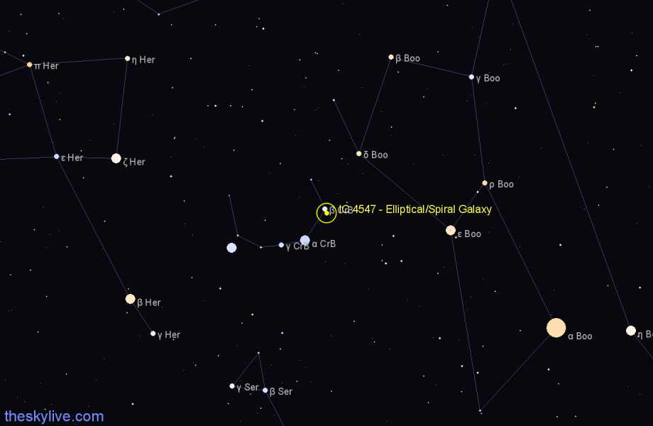 Finder chart IC 4547 - Elliptical/Spiral Galaxy in Corona Borealis star