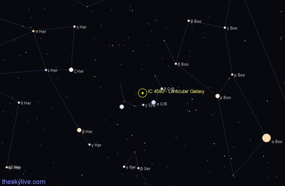 Finder chart IC 4580 - Lenticular Galaxy in Corona Borealis star