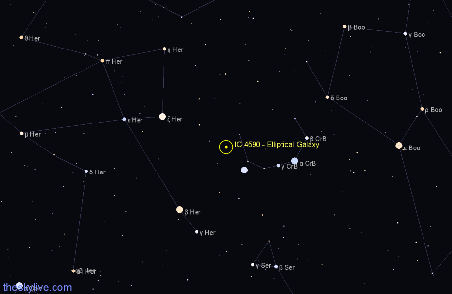 Finder chart IC 4590 - Elliptical Galaxy in Corona Borealis star