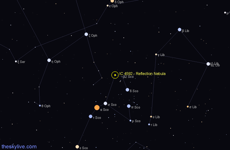 Finder chart IC 4592 - Reflection Nebula in Scorpius star