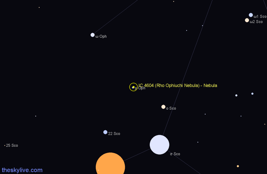 Finder chart IC 4604 (Rho Ophiuchi Nebula) - Nebula in Ophiuchus star