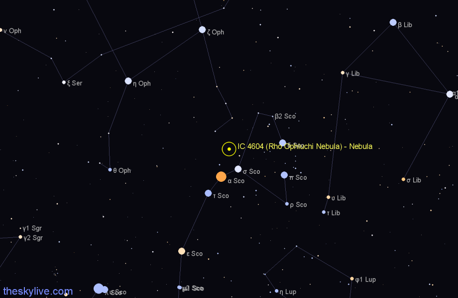 Finder chart IC 4604 (Rho Ophiuchi Nebula) - Nebula in Ophiuchus star