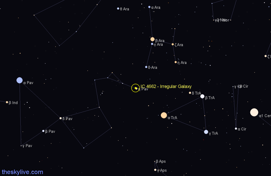 Finder chart IC 4662 - Irregular Galaxy in Pavo star