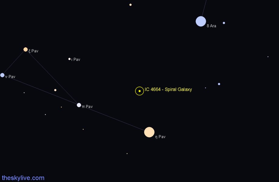 Finder chart IC 4664 - Spiral Galaxy in Pavo star