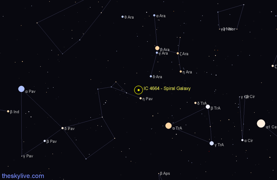 Finder chart IC 4664 - Spiral Galaxy in Pavo star