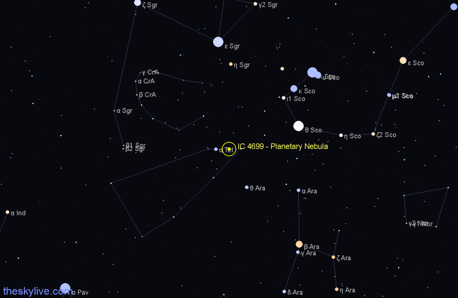 Finder chart IC 4699 - Planetary Nebula in Telescopium star