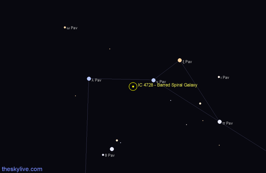 Finder chart IC 4728 - Barred Spiral Galaxy in Pavo star