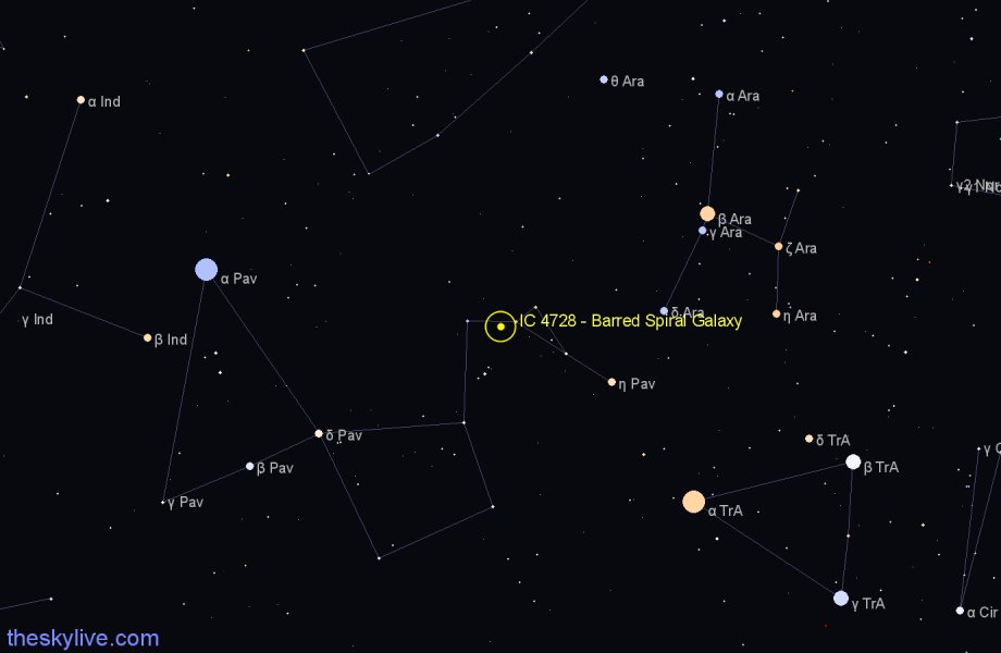 Finder chart IC 4728 - Barred Spiral Galaxy in Pavo star