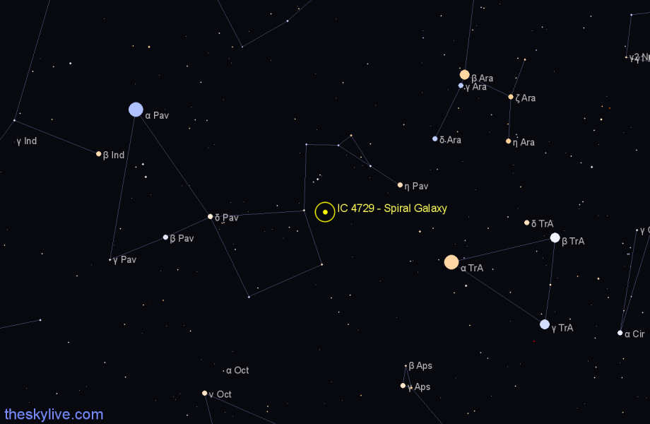 Finder chart IC 4729 - Spiral Galaxy in Pavo star