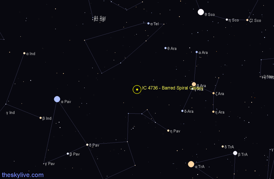 Finder chart IC 4736 - Barred Spiral Galaxy in Pavo star