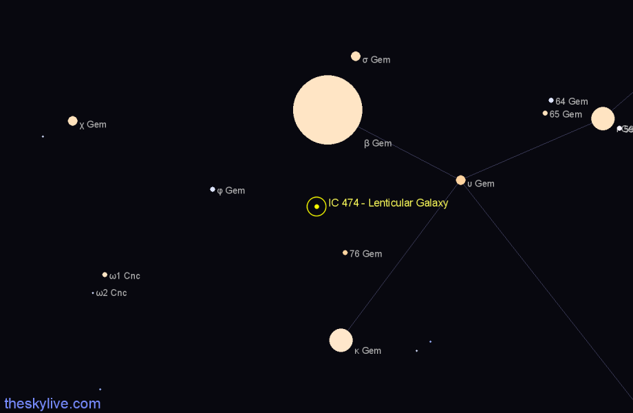 Finder chart IC 474 - Lenticular Galaxy in Gemini star