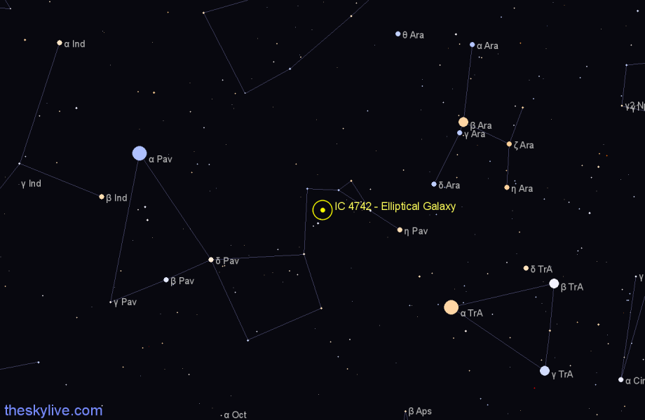 Finder chart IC 4742 - Elliptical Galaxy in Pavo star