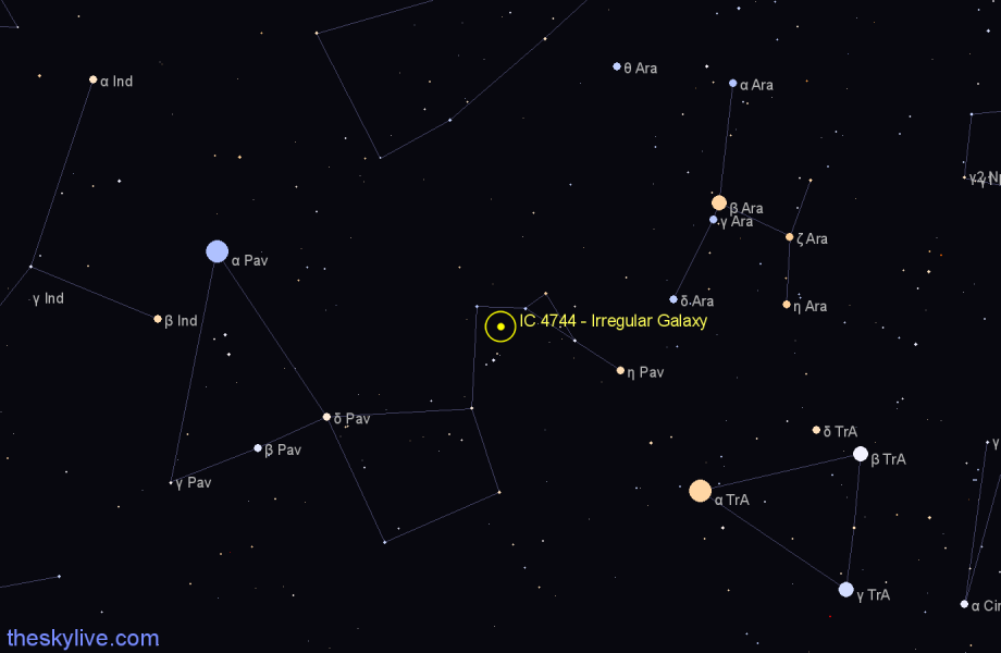 Finder chart IC 4744 - Irregular Galaxy in Pavo star