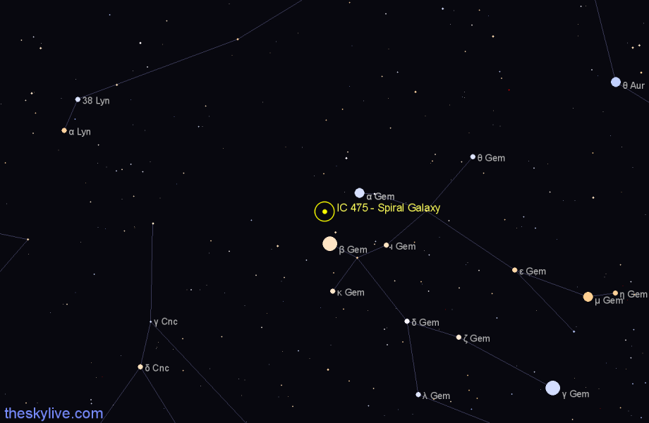 Finder chart IC 475 - Spiral Galaxy in Gemini star