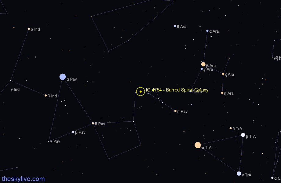 Finder chart IC 4754 - Barred Spiral Galaxy in Pavo star