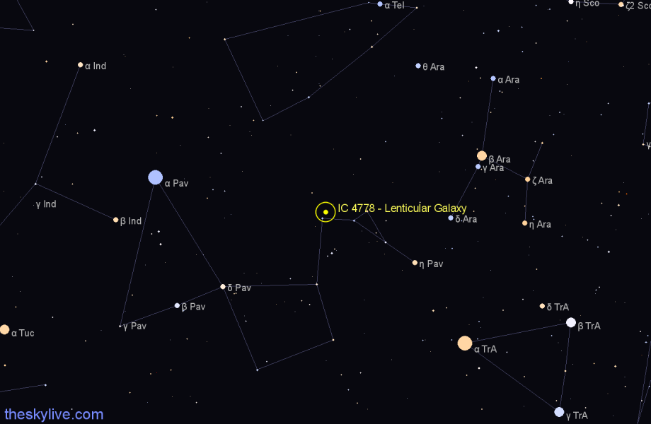 Finder chart IC 4778 - Lenticular Galaxy in Pavo star