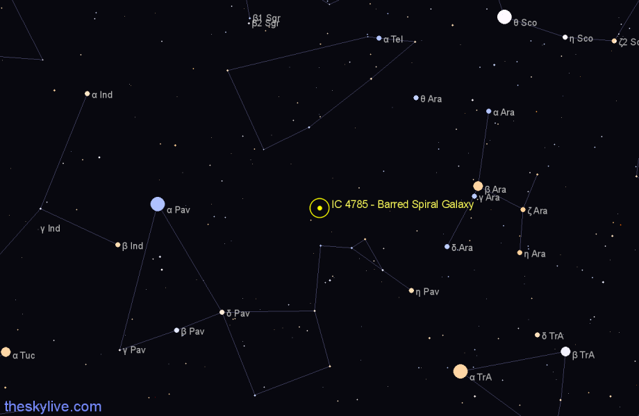 Finder chart IC 4785 - Barred Spiral Galaxy in Pavo star