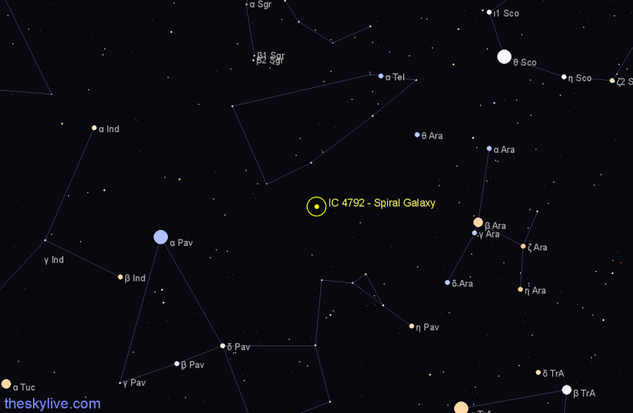 Finder chart IC 4792 - Spiral Galaxy in Telescopium star