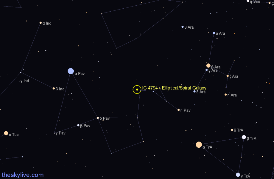 Finder chart IC 4794 - Elliptical/Spiral Galaxy in Pavo star