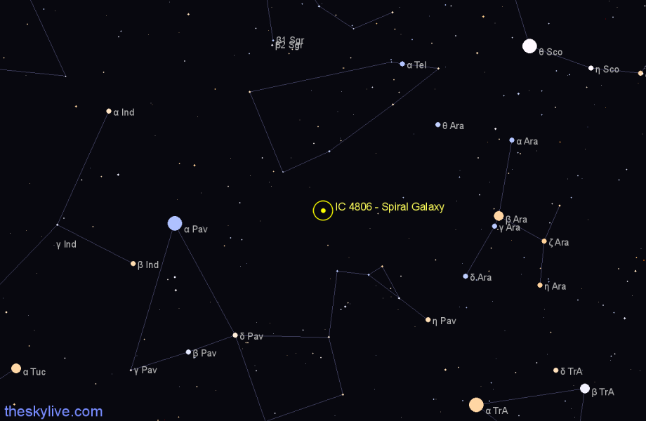 Finder chart IC 4806 - Spiral Galaxy in Pavo star