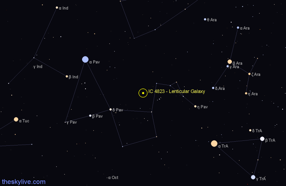 Finder chart IC 4823 - Lenticular Galaxy in Pavo star