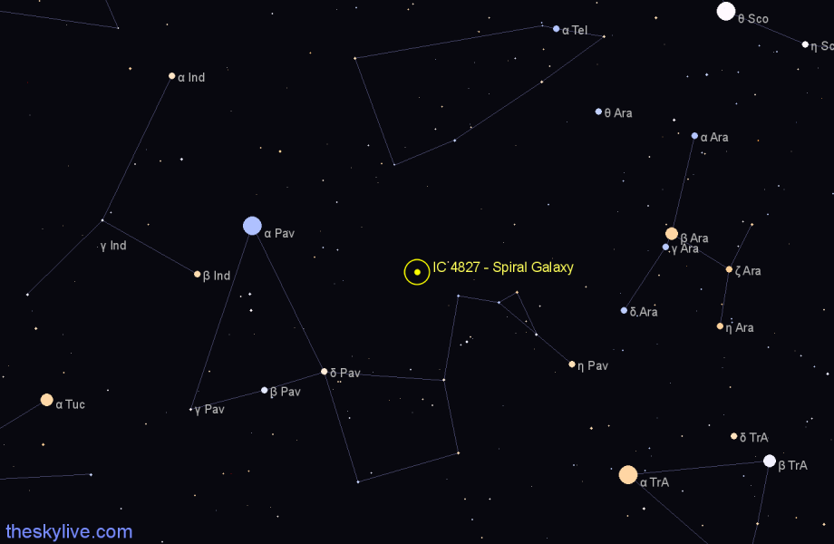 Finder chart IC 4827 - Spiral Galaxy in Pavo star