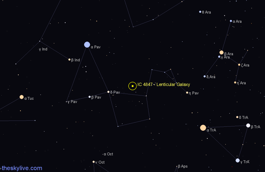 Finder chart IC 4847 - Lenticular Galaxy in Pavo star