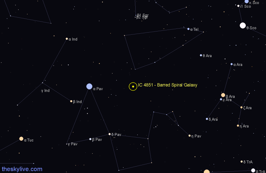 Finder chart IC 4851 - Barred Spiral Galaxy in Pavo star