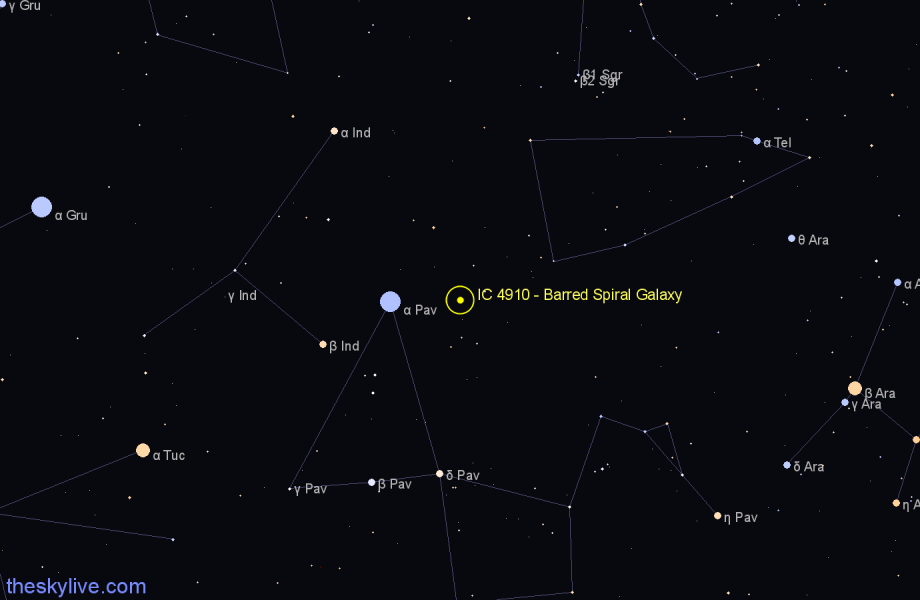 Finder chart IC 4910 - Barred Spiral Galaxy in Pavo star