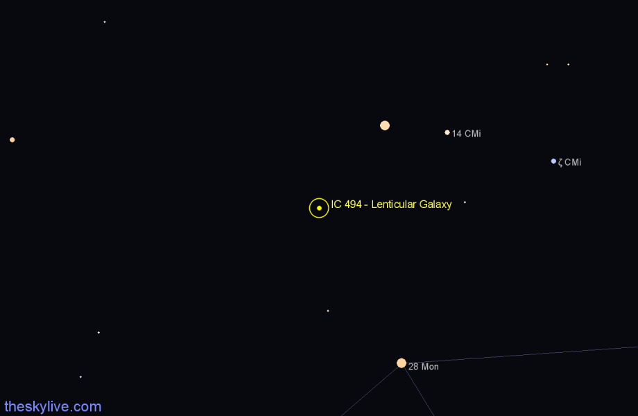 Finder chart IC 494 - Lenticular Galaxy in Canis Minor star