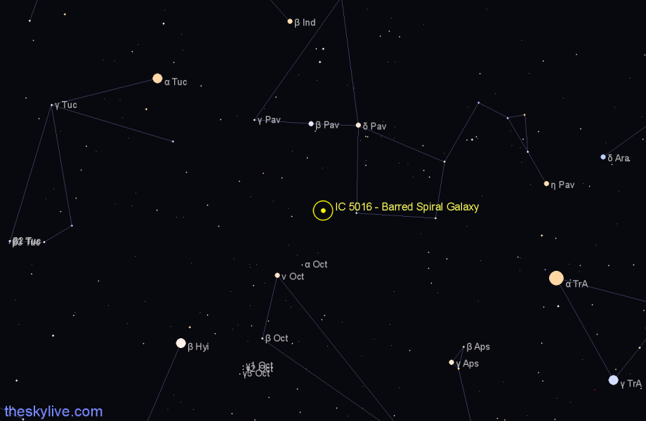 Finder chart IC 5016 - Barred Spiral Galaxy in Pavo star