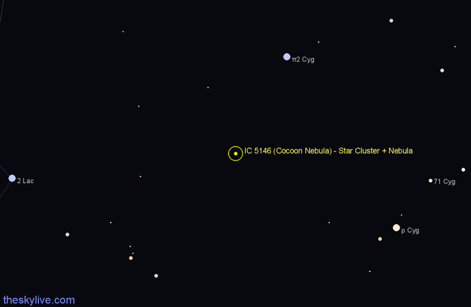 Finder chart IC 5146 (Cocoon Nebula) - Star Cluster + Nebula in Cygnus star