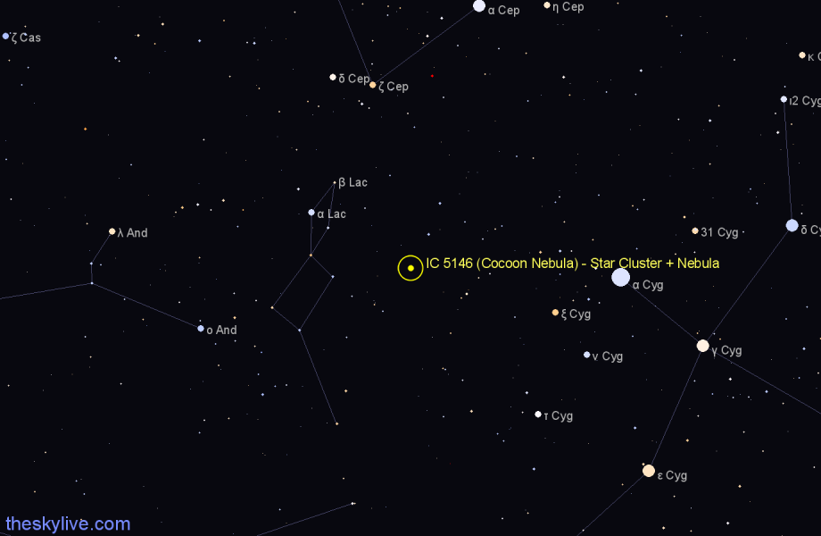 Finder chart IC 5146 (Cocoon Nebula) - Star Cluster + Nebula in Cygnus star