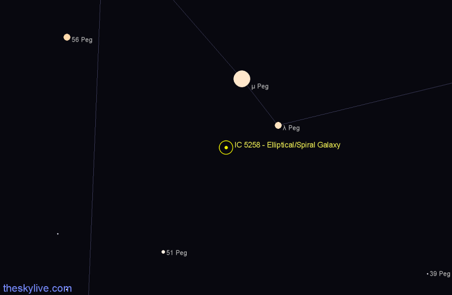 Finder chart IC 5258 - Elliptical/Spiral Galaxy in Pegasus star