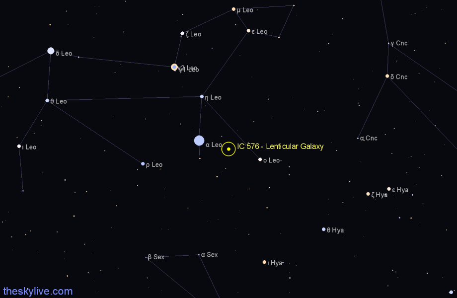 Finder chart IC 576 - Lenticular Galaxy in Leo star