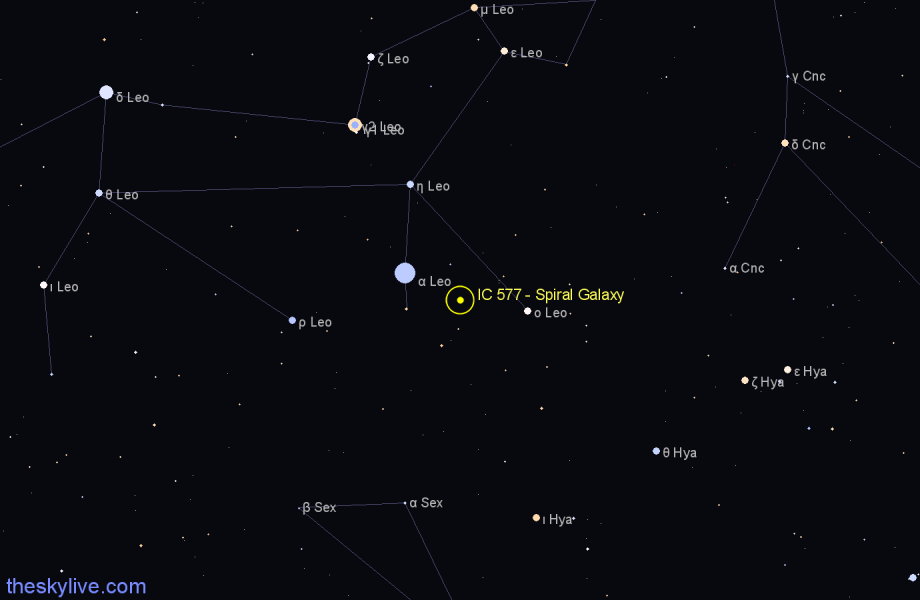 Finder chart IC 577 - Spiral Galaxy in Leo star