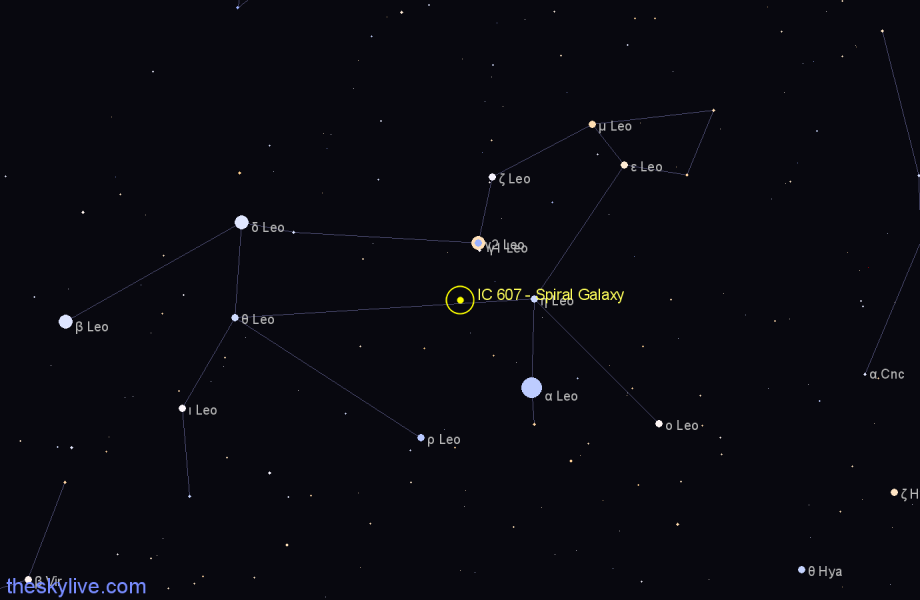 Finder chart IC 607 - Spiral Galaxy in Leo star