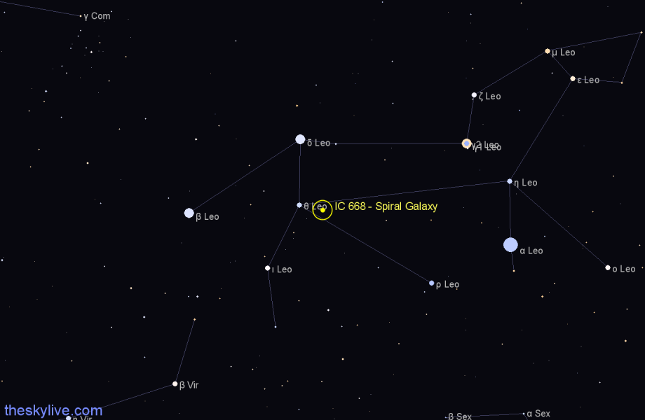 Finder chart IC 668 - Spiral Galaxy in Leo star