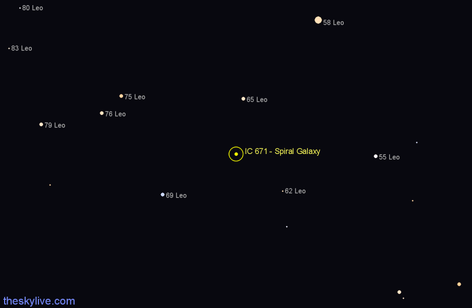 Finder chart IC 671 - Spiral Galaxy in Leo star