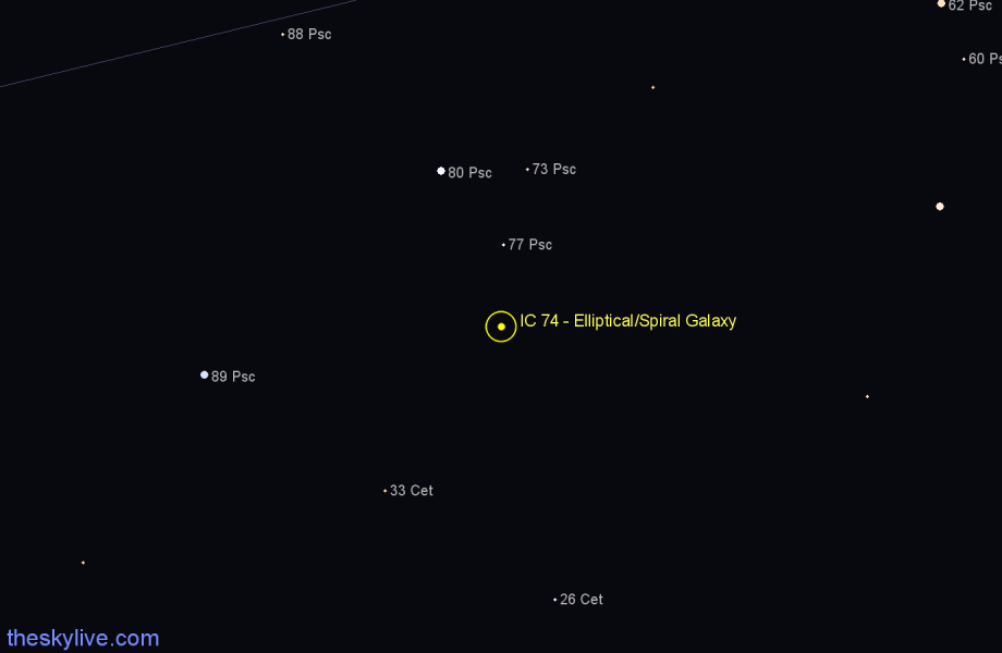 Finder chart IC 74 - Elliptical/Spiral Galaxy in Pisces star