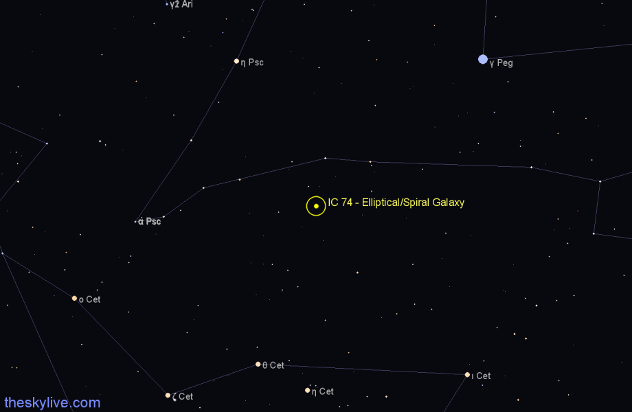 Finder chart IC 74 - Elliptical/Spiral Galaxy in Pisces star