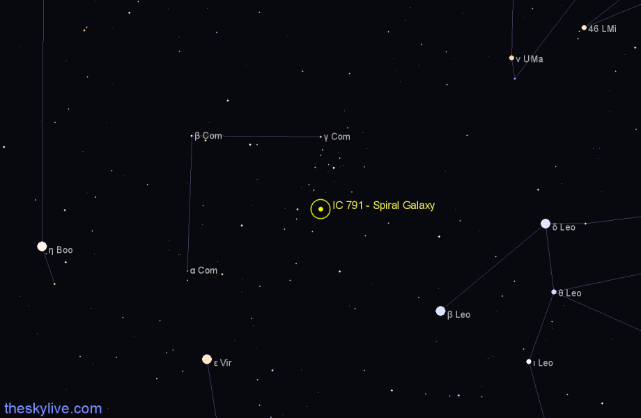 Finder chart IC 791 - Spiral Galaxy in Coma Berenices star