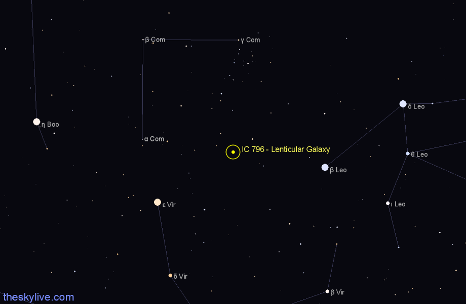 Finder chart IC 796 - Lenticular Galaxy in Coma Berenices star