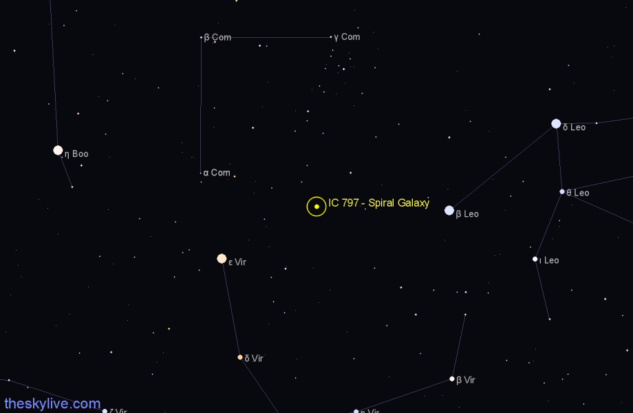 Finder chart IC 797 - Spiral Galaxy in Coma Berenices star