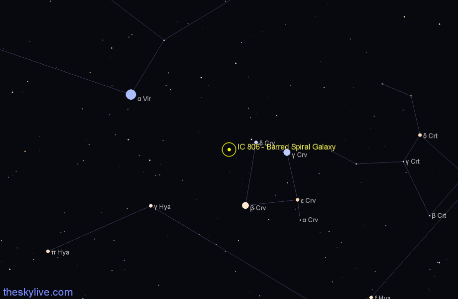 Finder chart IC 806 - Barred Spiral Galaxy in Corvus star