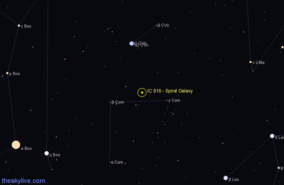 Finder chart IC 818 - Spiral Galaxy in Coma Berenices star