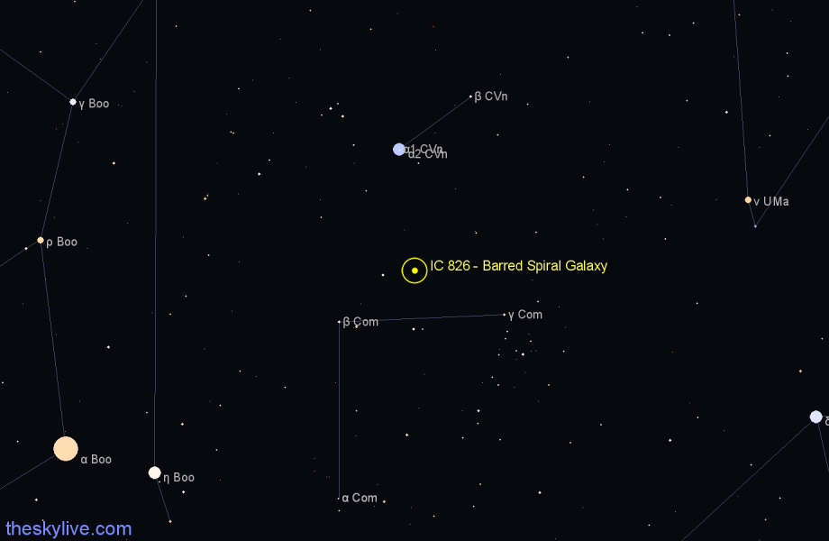 Finder chart IC 826 - Barred Spiral Galaxy in Coma Berenices star