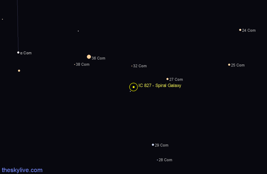 Finder chart IC 827 - Spiral Galaxy in Coma Berenices star